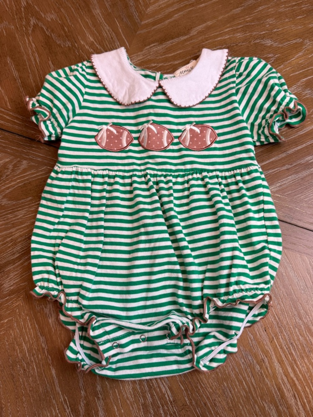 Marie Nicole Green & White Striped football Baby Romper with Peter Pan Collar